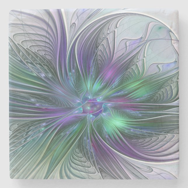 Purple Green Flower Modern Abstract Art Fractal Stone Coaster (Front)