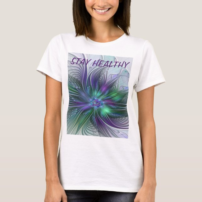 Purple Green Flower Modern Abstract Art Fractal T-Shirt (Front)