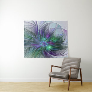 Purple Green Flower Modern Abstract Art Fractal Tapestry