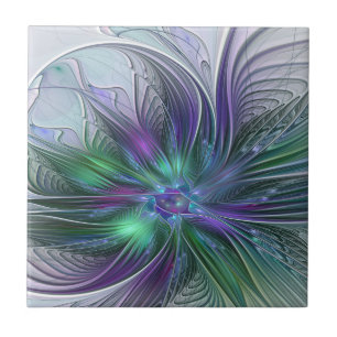Purple Green Flower Modern Abstract Art Fractal Tile