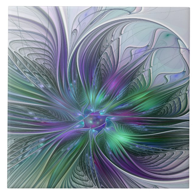 Purple Green Flower Modern Abstract Art Fractal Tile (Front)