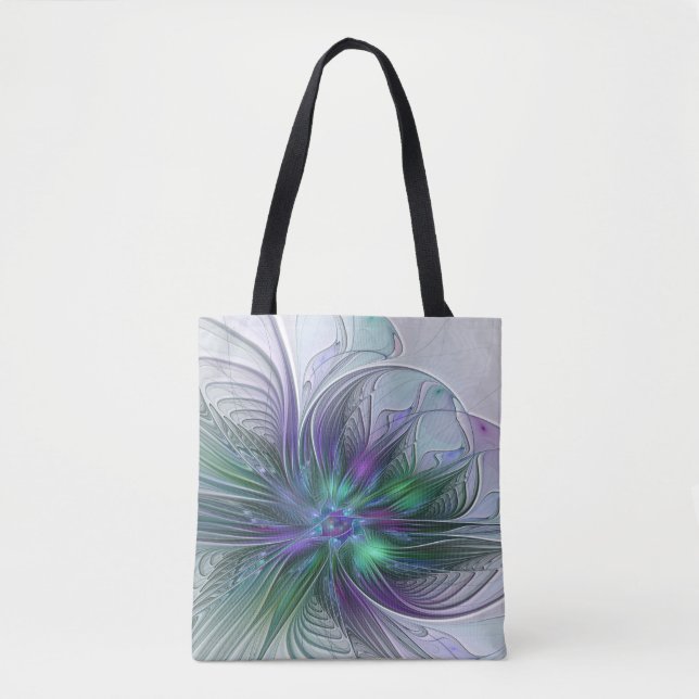 Purple Green Flower Modern Abstract Art Fractal Tote Bag (Front)