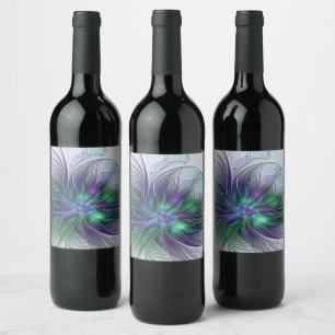 Purple Green Flower Modern Abstract Art Fractal Wine Label