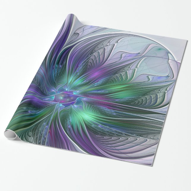 Purple Green Flower Modern Abstract Art Fractal Wrapping Paper (Unrolled)