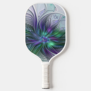 Purple Green Flower Modern Abstract Art Initials Pickleball Paddle