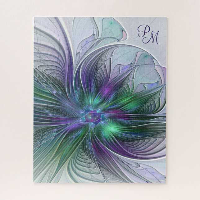 Purple Green Flower Modern Abstract Art Monogram Jigsaw Puzzle (Vertical)