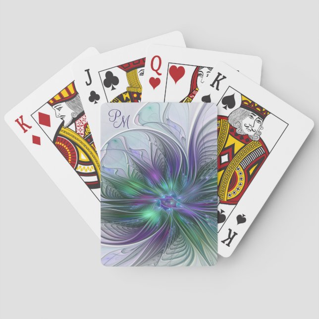 Purple Green Flower Modern Abstract Art Monogram Playing Cards (Back)