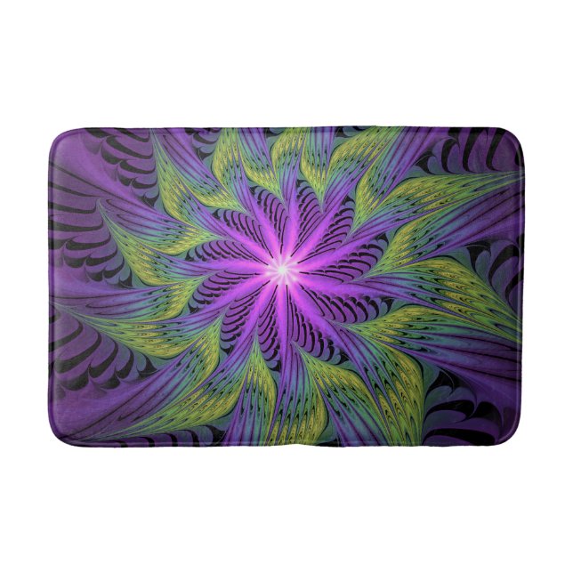 Purple Green Flower Modern Abstract Fractal Art Bath Mat (Front)