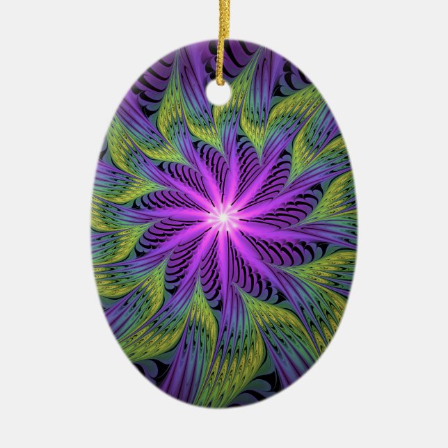 Purple Green Flower Modern Abstract Fractal Art Ceramic Tree Decoration (Front)