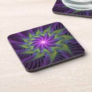 Purple Green Flower Modern Abstract Fractal Art Coaster
