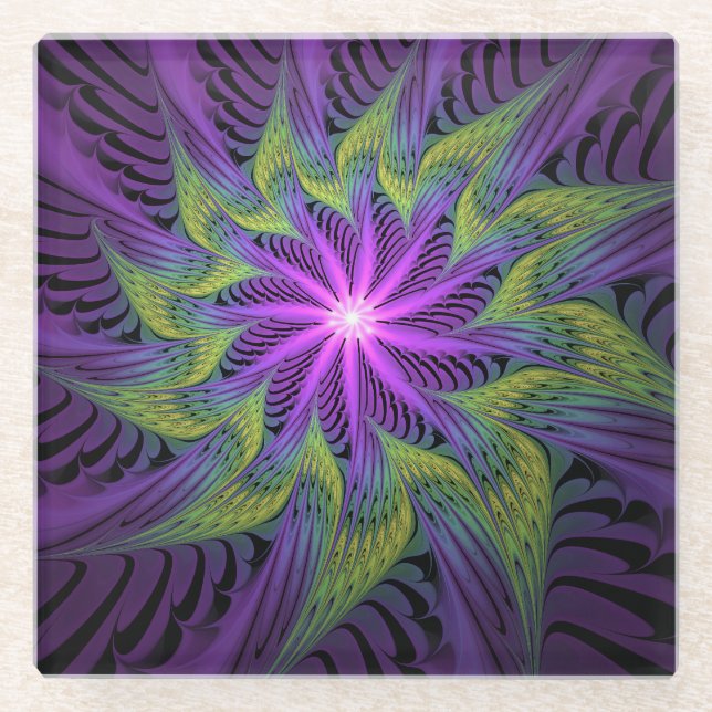 Purple Green Flower Modern Abstract Fractal Art Glass Coaster (Front)