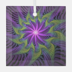 Purple Green Flower Modern Abstract Fractal Art Glass Tree Decoration