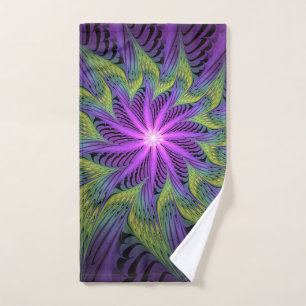 Purple Green Flower Modern Abstract Fractal Art Hand Towel