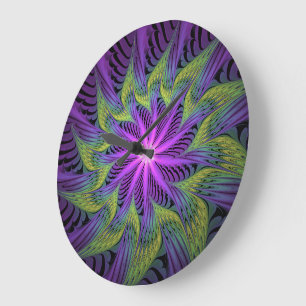 Purple Green Flower Modern Abstract Fractal Art Large Clock