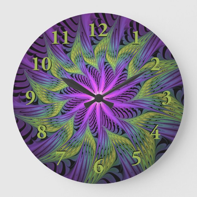 Purple Green Flower Modern Abstract Fractal Art Large Clock (Front)