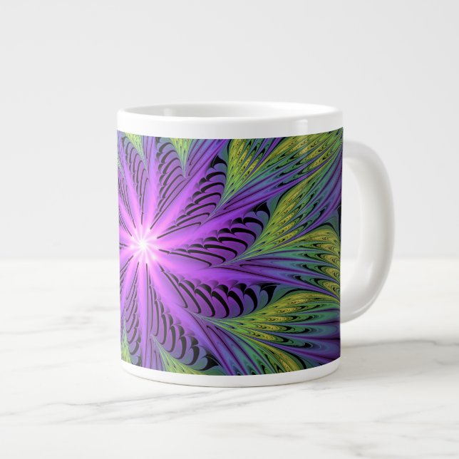 Purple Green Flower Modern Abstract Fractal Art Large Coffee Mug (Front Right)