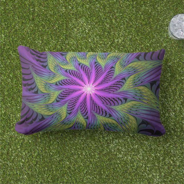Purple Green Flower Modern Abstract Fractal Art Lumbar Cushion (Grass)