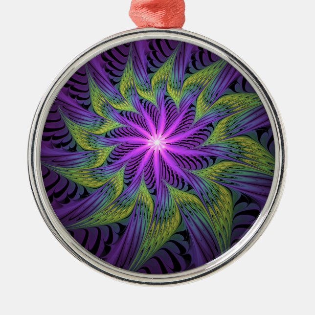 Purple Green Flower Modern Abstract Fractal Art Metal Tree Decoration (Front)
