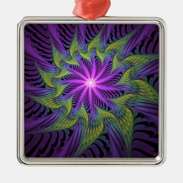 Purple Green Flower Modern Abstract Fractal Art Metal Tree Decoration (Front)