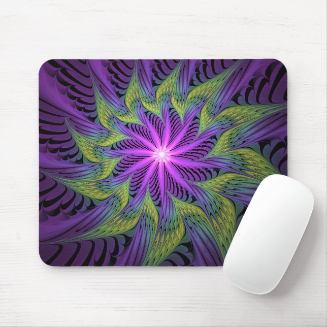 Purple Green Flower Modern Abstract Fractal Art Mouse Mat (With Mouse)