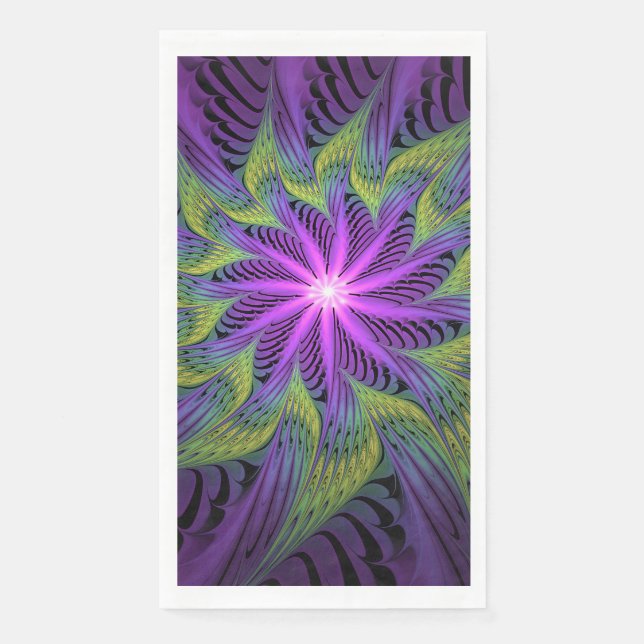Purple Green Flower Modern Abstract Fractal Art Napkin (Front)