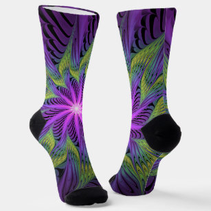 Purple Green Flower Modern Abstract Fractal Art Socks