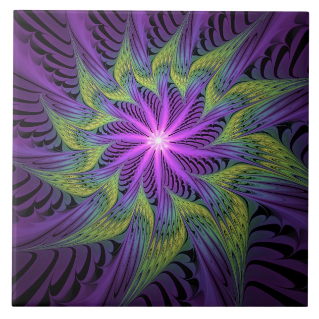Purple Green Flower Modern Abstract Fractal Art Tile (Front)