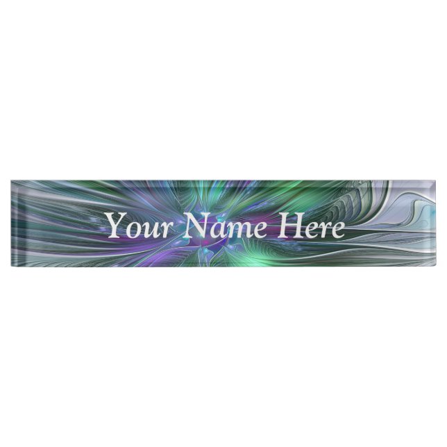 Purple Green Flower Modern Abstract Fractal Text Nameplate (Front)