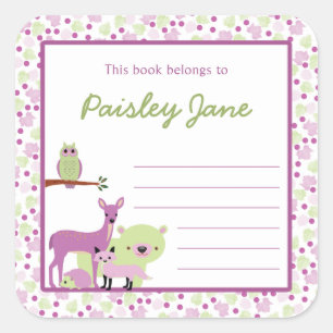Purple Green Forest Animals Bookplate / book plate Square Sticker