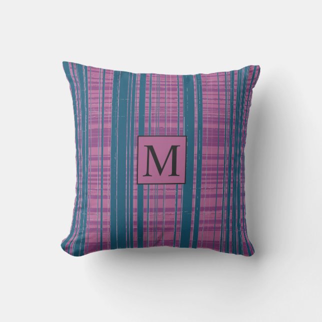 Purple Green Geometric Plaid Patterns Monogram Cushion (Front)