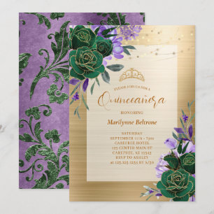 Purple Green Gold Floral Quinceañera Invitation