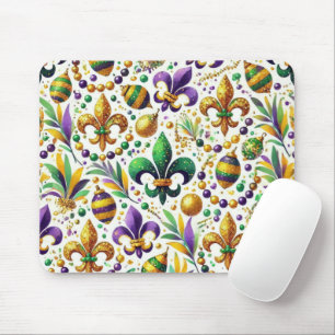 PURPLE GREEN GOLD GLITTER LOOK MARDI FLEUR DE LIS MOUSE MAT