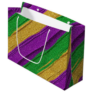 PURPLE GREEN GOLD GLITTER LOOK MARDI GRAS LARGE GIFT BAG