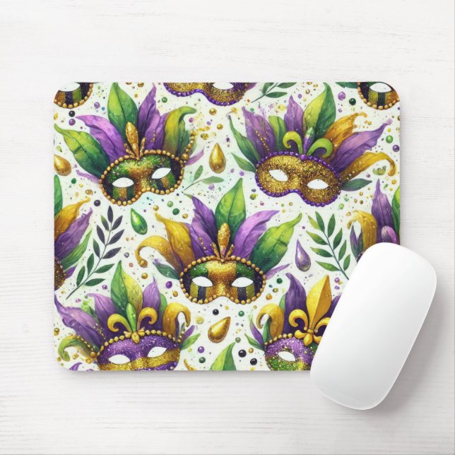 PURPLE GREEN GOLD GLITTER LOOK MARDI GRAS MASKS MOUSE MAT (With Mouse)