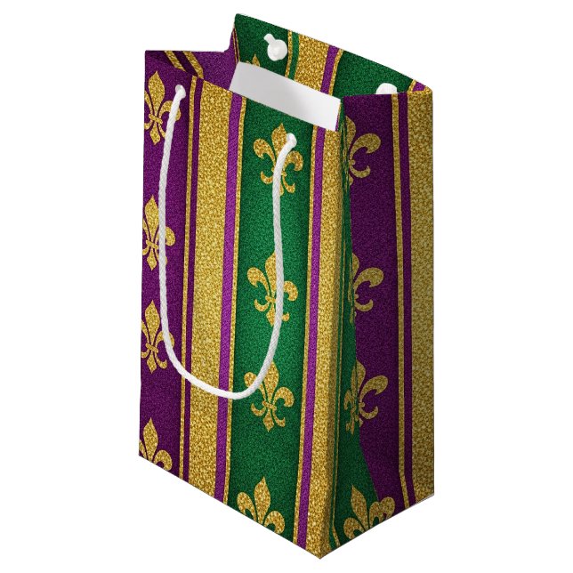 PURPLE GREEN GOLD GLITTER LOOK MARDI GRAS SMALL GIFT BAG (Front Angled)