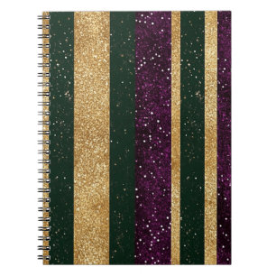 PURPLE GREEN GOLD GLITTER LOOK MARDI GRAS STRIPES NOTEBOOK