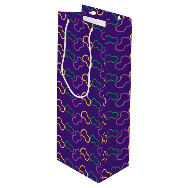 PURPLE GREEN GOLD MARDI GRAS BEADS WINE GIFT BAG (Front Angled)
