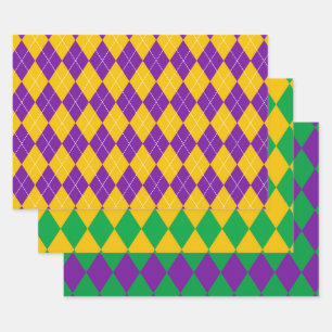 PURPLE GREEN GOLD MARDI GRAS DIAMOND PATTERN WRAPPING PAPER SHEET