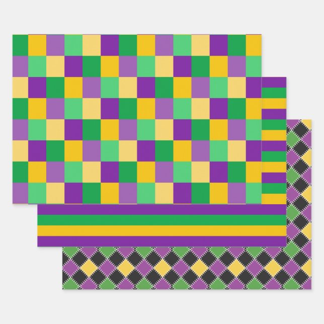 PURPLE GREEN GOLD MARDI GRAS DIAMOND STRIPES WRAPPING PAPER SHEET (Set)
