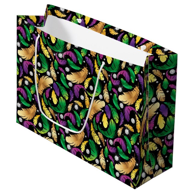 PURPLE GREEN GOLD MARDI GRAS FEATHERS LARGE GIFT BAG (Front Angled)