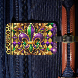 PURPLE GREEN GOLD MARDI GRAS FLEUR DE LIS LUGGAGE TAG