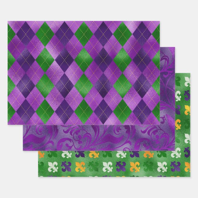 PURPLE GREEN GOLD MARDI GRAS FLEUR DI LIS DIAMOND WRAPPING PAPER SHEET (Set)
