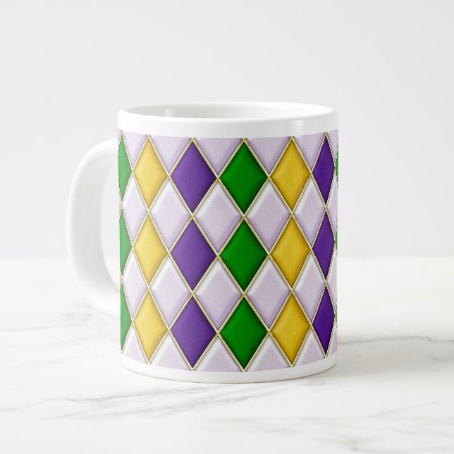 Purple Green Gold Mardi Gras Harlequin Pattern Mug (Front Left)