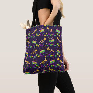 PURPLE GREEN GOLD MARDI GRAS HORNS & DRUMS TOTE BAG