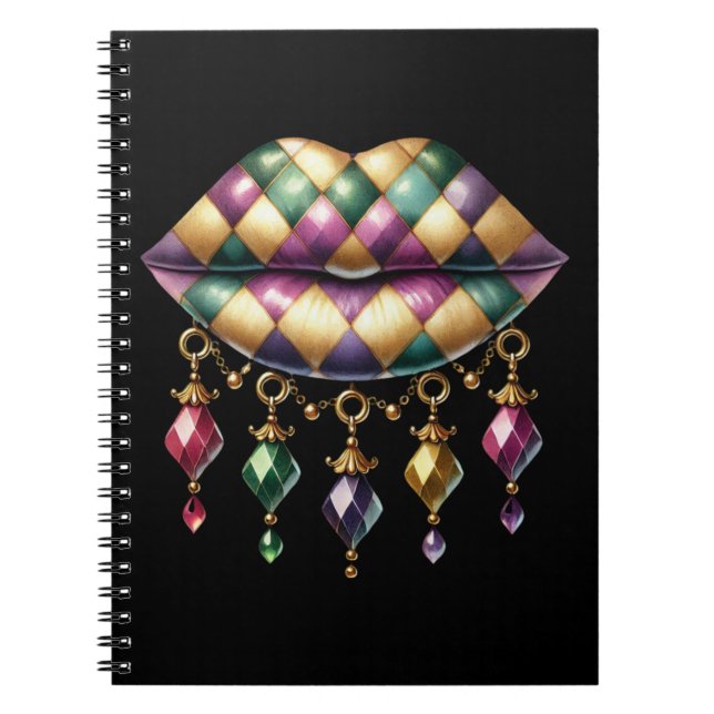 PURPLE GREEN GOLD MARDI GRAS LIPS & JEWELS NOTEBOOK (Front)