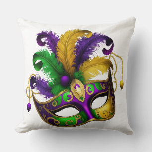 PURPLE GREEN GOLD MARDI GRAS MASK CUSHION