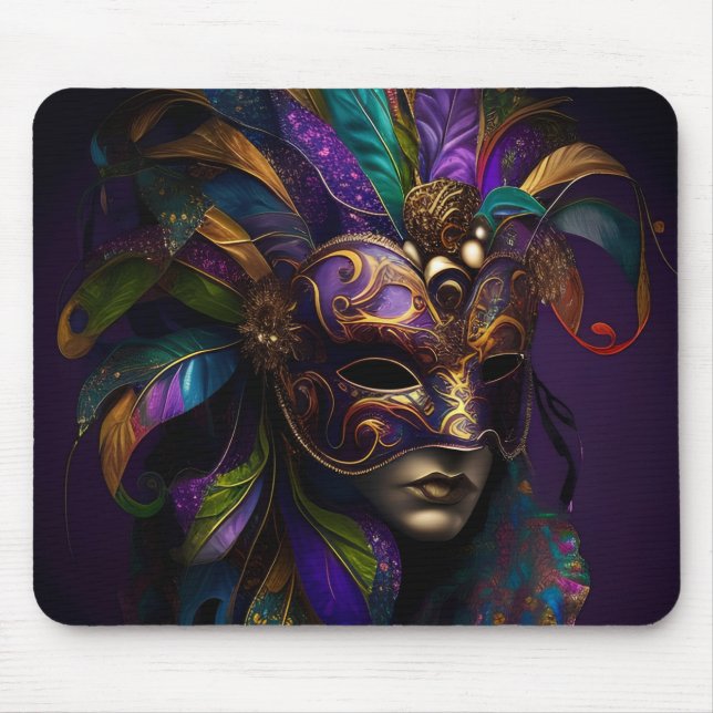 PURPLE GREEN GOLD MARDI GRAS MASK & FEATHERS MOUSE MAT (Front)