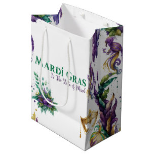 PURPLE GREEN GOLD MARDI GRAS MASKS FEATHERS MEDIUM GIFT BAG