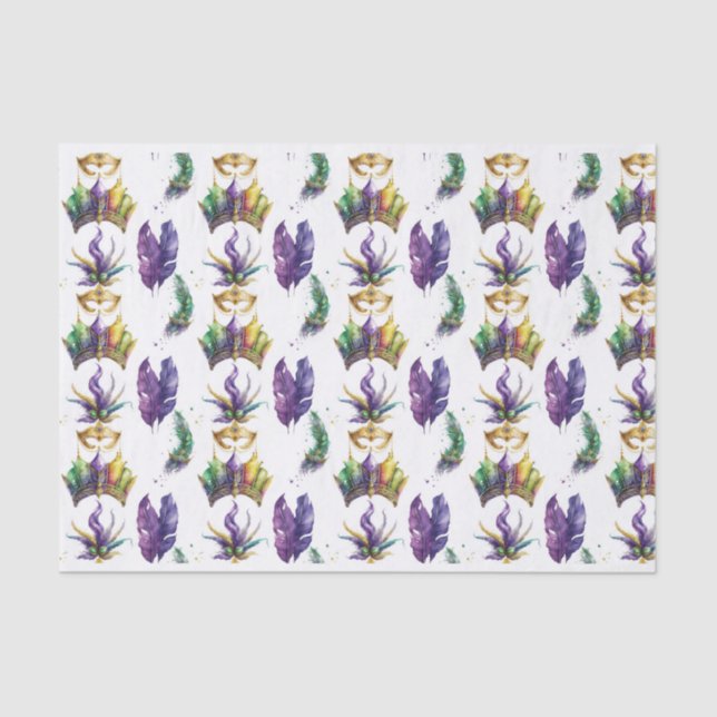 PURPLE GREEN GOLD MARDI GRAS MASKS FEATHERS TISSUE PAPER (Front)