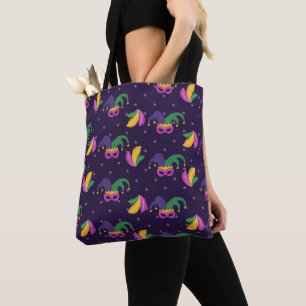 PURPLE GREEN GOLD MARDI GRAS MASKS TOTE BAG